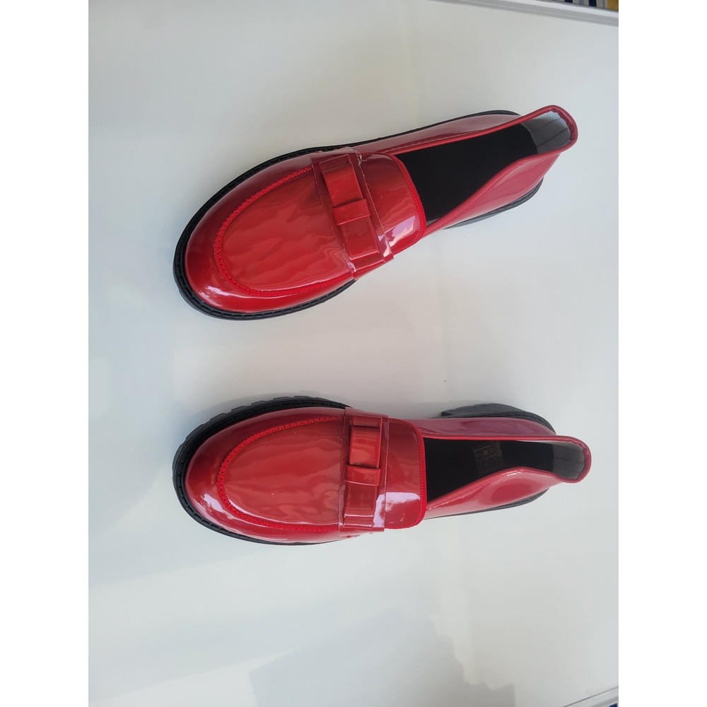 Red Patent Bow Loafers Lug Sole Slip On Shoes Size 43